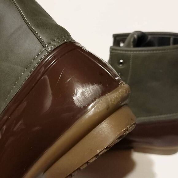 Charles Albert Duck Boots Size 11 Used Vegan Leather Green Brown Rain Womens - Picture 8 of 12
